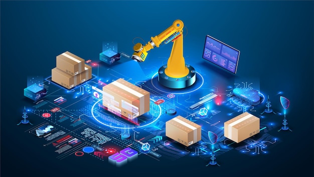 Smart warehouse technologie AI beheert een smart warehouse Toekomstige concept van supply chain en logistiek bedrijf Robot Palletizing Systems Robotic arm laden en scannen kartonnen op pallet Isometrisch