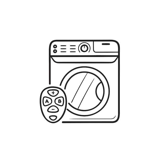 リモコンの手描きのアウトライン落書きアイコンとスマート洗濯機。スマートホームランドリーのコンセプト