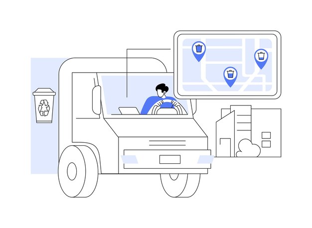 Illustrazione vettoriale del concetto astratto di raccolta dei rifiuti intelligenti autista del camion della spazzatura che ottiene i dati per raccogliere i rifiuti urbani utilizzando la metafora astratta del settore dell'ecologia della città intelligente dell'app speciale