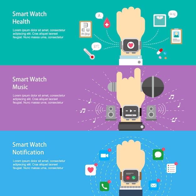 평면 디자인 스타일의 스마트 시계 응용 프로그램 배너 디자인