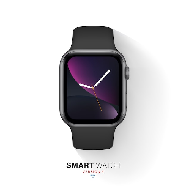 Vector smart watch black color aluminum case on white background.