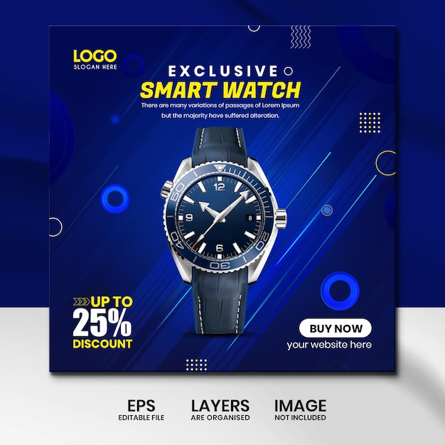 Design del modello di post sui social media per banner di vendita di orologi intelligenti