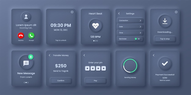 Smart watch user inter face  elements in Neomorphic ui kit neomorphism style