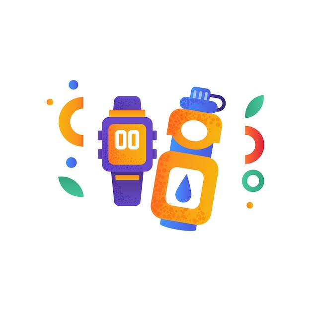 Smart watch and warwe bottle sport accessories fitness healthy lifestyle concept vector Illustration isolated on a white background