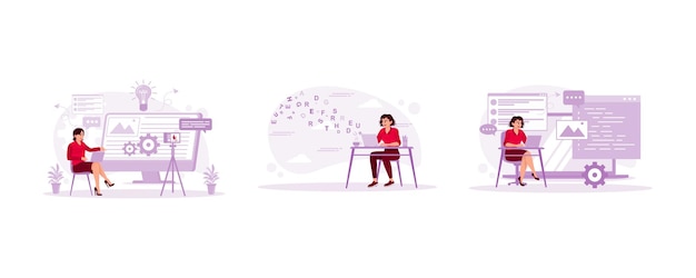 Smart work concept Woman typing with flying alphabet letters Using a notebook app