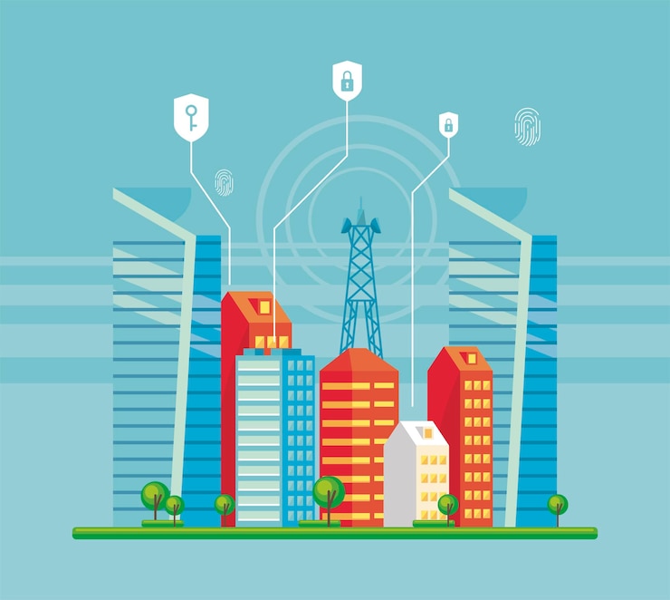 Vector smartcity scene with security