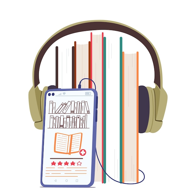 Vettore applicazione per smartphone per l'ascolto di libri audio cuffie e pila di libri di testo isolati su sfondo bianco