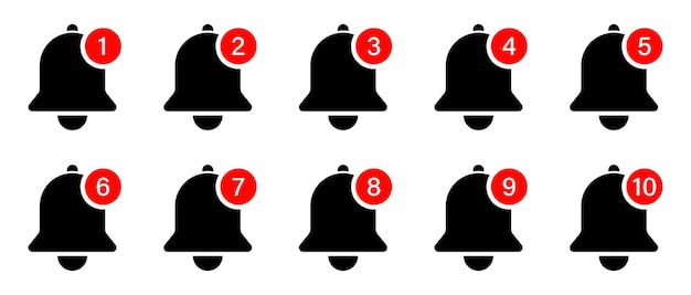 L'icona di notifica del campanello dello smartphone imposta da 1 a 10 simboli di avviso del campanello in nero per il vettore dell'interfaccia utente dell'app web