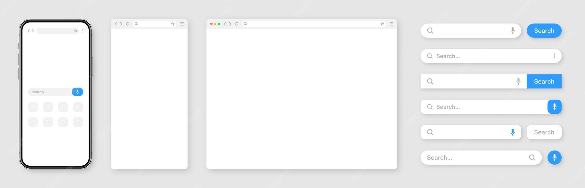 さまざまな検索バー テンプレートを備えたスマートフォンの空のインターネット ブラウザ ウィンドウ検索ボックスのアドレス バーとテキスト