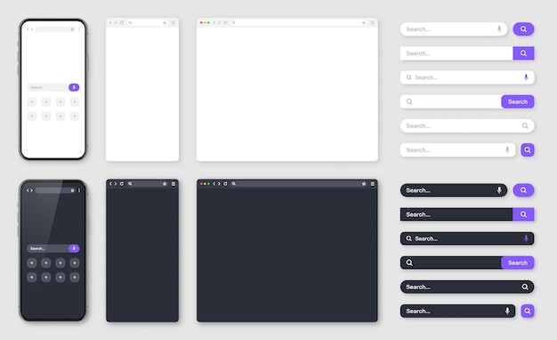 Vector smartphone blank internet browser window with various search bars web site engine with search box address bar and text field ui design website interface dark light modes vector illustration
