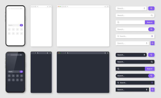 ベクトル スマートフォンの空白のインターネットブラウザウィンドウにはさまざまな検索バー検索ボックスを含むウェブサイトエンジンがあります