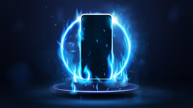 Vector smartphone on blue fire on podium floating in the air with blue neon ring on background