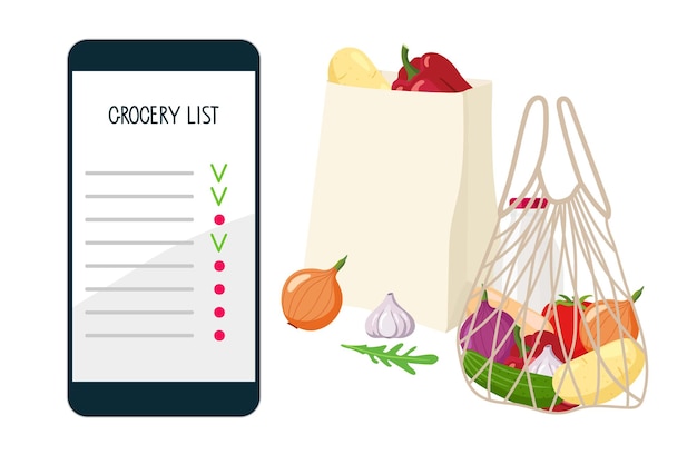 Vector smartphone-boodschappenlijstje abstracte smartphone-interface checklist op het scherm met tas en raster