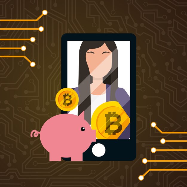 smartphone business woman bitcoin piggy bank 