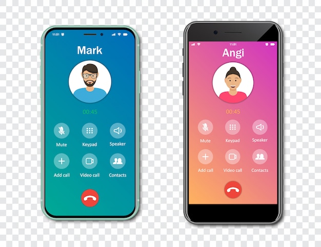 Vector smartphone call app interface template on a transparent background. incoming call concept.   illustration