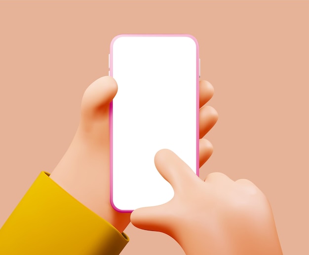 Vector smartphone in cartoon hand mockup with blank white screen and forefinger touching it