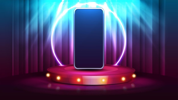 Vector smartphone on cartoon red round podium with bulbs lights and spotlight on background with curtain