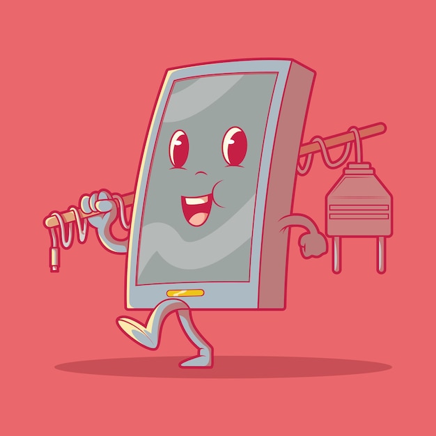 Smartphone character walking vector illustration Battery technology electricity funny design concept