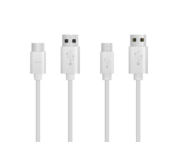 Vector smartphone charger cable   isolated on white background. usb wire cable phone charger electric device of charging technology. connectors and sockets for pc and mobile devices.