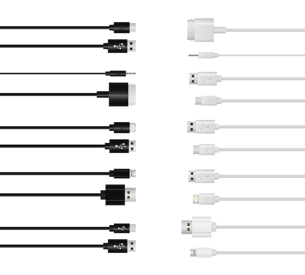 스마트 폰 충전기 케이블 이랑 흰색 배경에 고립. 충전 기술의 USB 와이어 케이블 전화 충전기 전기 장치. PC 및 모바일 장치 용 커넥터 및 소켓