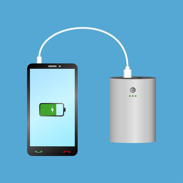 Smartphone charging with Power Bank via USB cable Portable charger device and phone