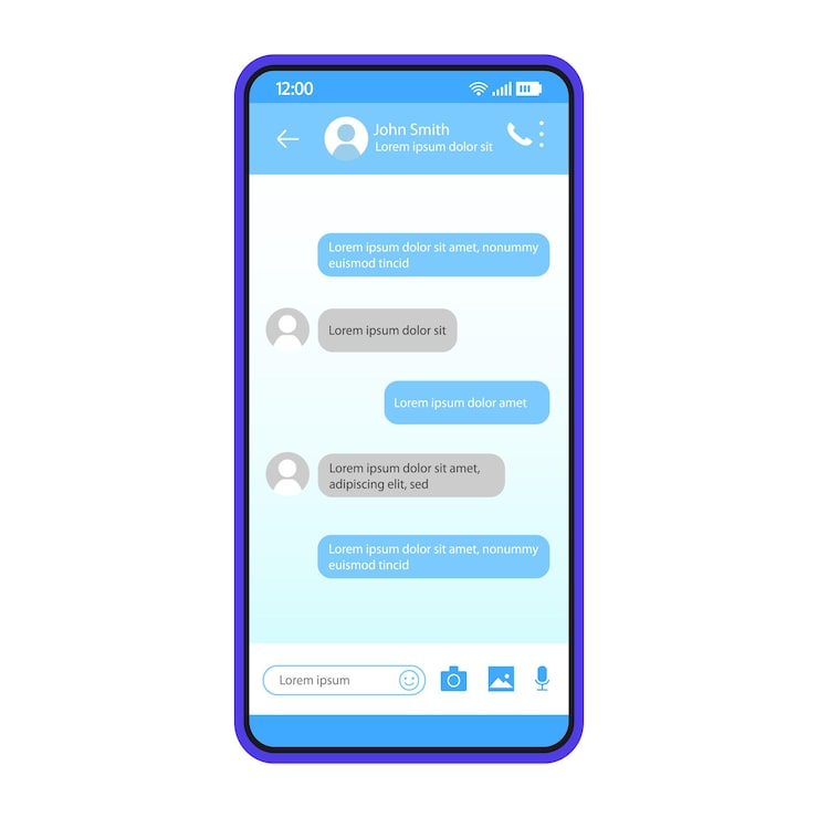 Vector smartphone chat interface vector template. mobile app interface color design layout. sms messenger screen. flat ui for message application. dialog, conversation. phone display with speech bubbles