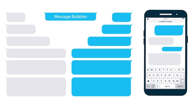 Vector smartphone, chatting sms app template bubbles. place your own text to the message clouds. social network messenger page template. chat app template with mobile keyboard. message flat bubbles