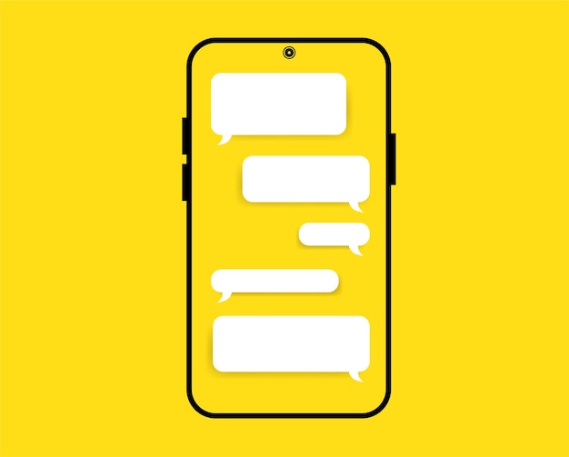 Smartphone chatting template on yellow background chat app communication ui white speech bubble with shadow gadget device network dialog