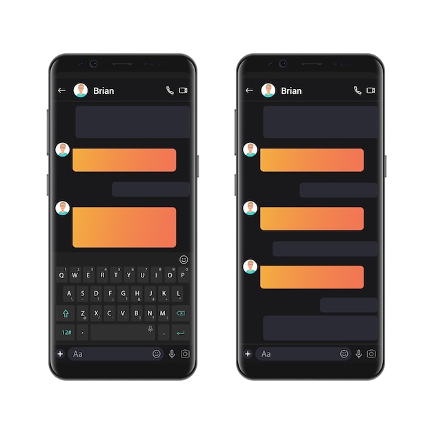 Vector smartphone dark style chatting template with empty chat bubbles mockup dialogues composer