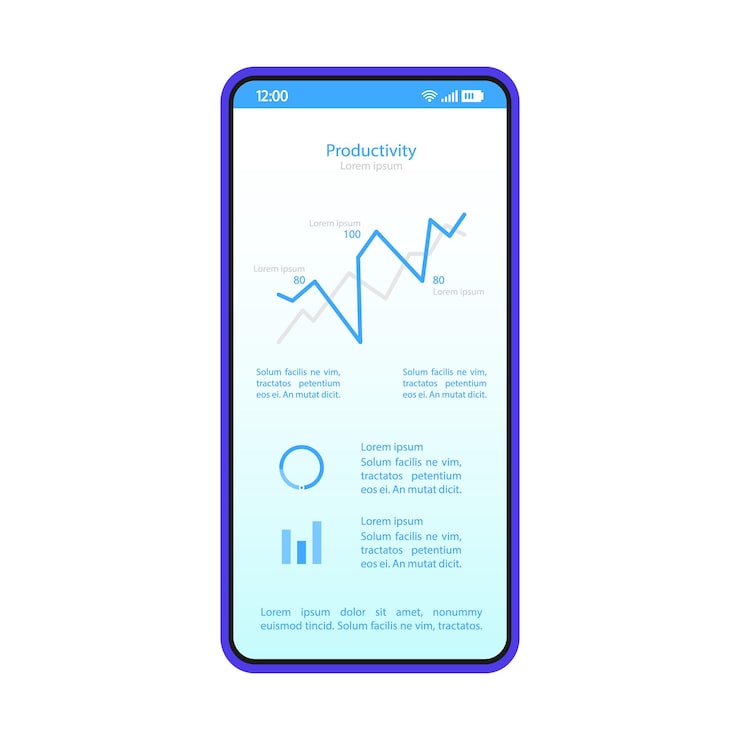 Vector smartphone dashboard interface vector template. mobile productivity page blue design layout. statistics screen. flat application ui. data analysis app. phone display with analytics diagram