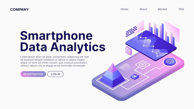 Vector smartphone data analytics data analyse landing page template