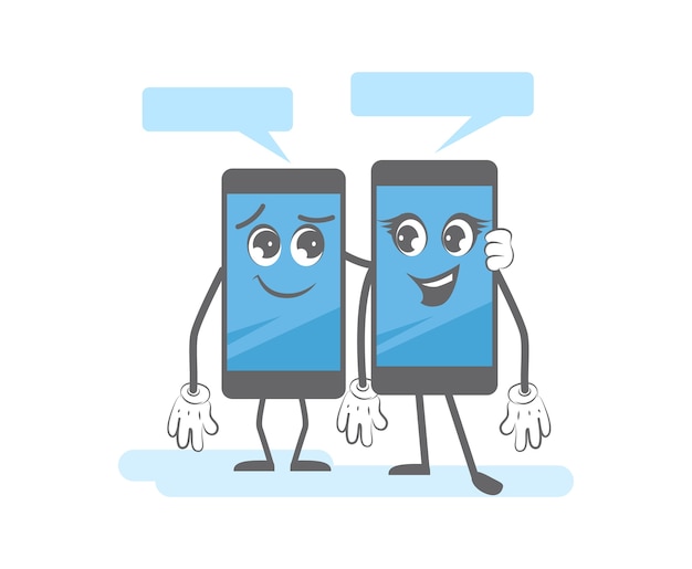 Smartphone dialog. cartoon gadgets speaking together digital mobile devices smart speech characters. dialog smartphone, phone communication illustration