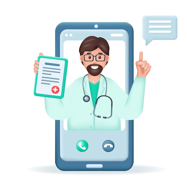 Vector smartphone and doctor with prescription on screen online healthcare and medicine 3d vector