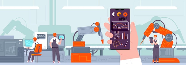 스마트폰 공장 제어 모바일 앱 제조 혁명 자동화 시스템의 스마트 디지털 iot 통신 산업 자동화의 벡터 그림을 모니터링하는 전화 교환원 장치