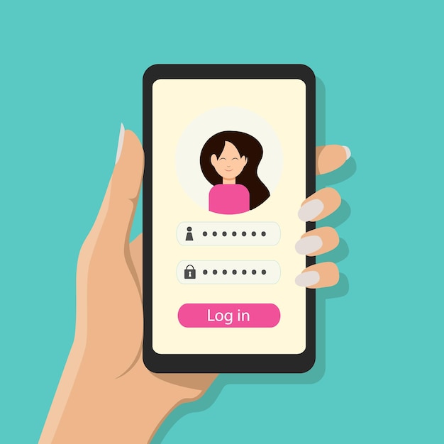 Smartphone in mano femminile con una pagina di accesso all'account personale sullo schermo