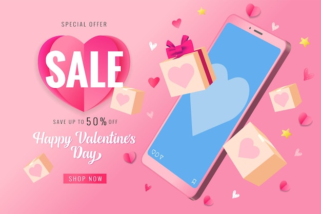 Smartphone e scatole regalo per gli innamorati banner di vendita del giorno di san valentino elementi 3d design creativo