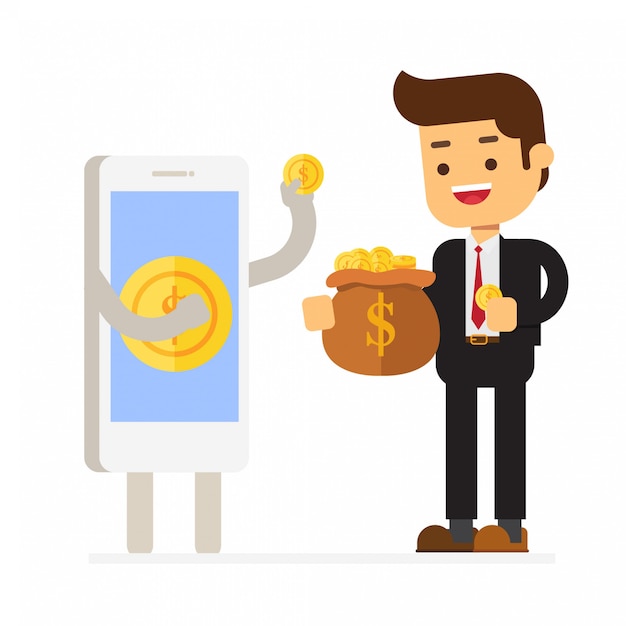 Smartphone giving money coin to business man