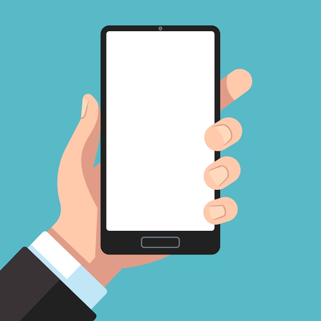 Smartphone in mano. mano di uomo d'affari che tiene il telefono cellulare. modello di telefono cellulare nel braccio per l'illustrazione della presentazione dell'app