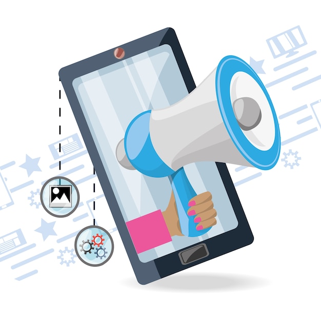 Smartphone, hand en megafoon digitale marketingconcept