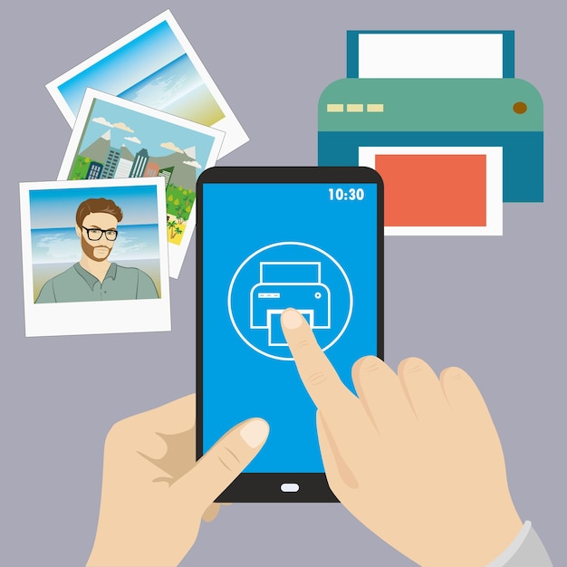 Smartphone in hand finger presses on the print icon printer and pictures flat design vector