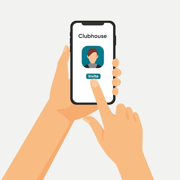 スマートフォンを手に。 Clubhouse アプリに招待状を送信しています。