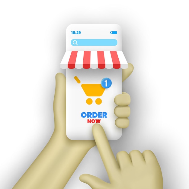 Смартфон в руках с козырьком и корзиной для покупок в минималистичном 3D мультяшном дизайне Баннер интернет-магазина