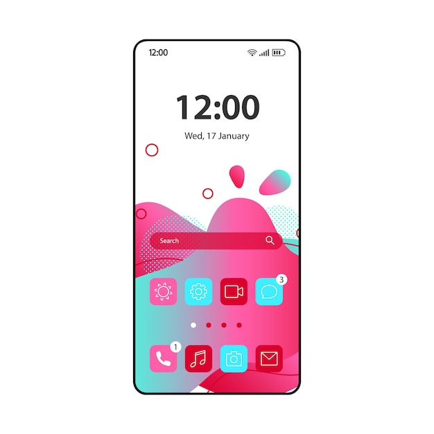 Smartphone home screen interface vector fluid template. Mobile app page pink and blue gradient design layout. Cellphone desktop screen with wavy bubbles. Application UI. Phone homescreen display