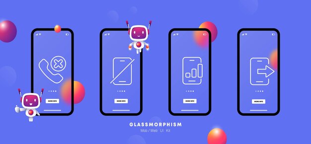 スマートフォンのアイコンを設定コンピューターのビデオ通話メッセージング カメラ音楽プレーヤー GPS ナビゲーション技術コンセプト Glassmorphism スタイル ビジネスと広告用のベクトル線アイコン