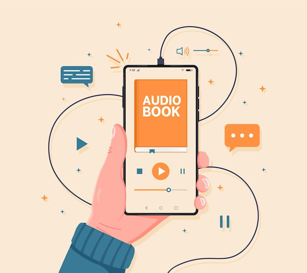 Smartphone in de hand met audioboek-app-interface op het scherm