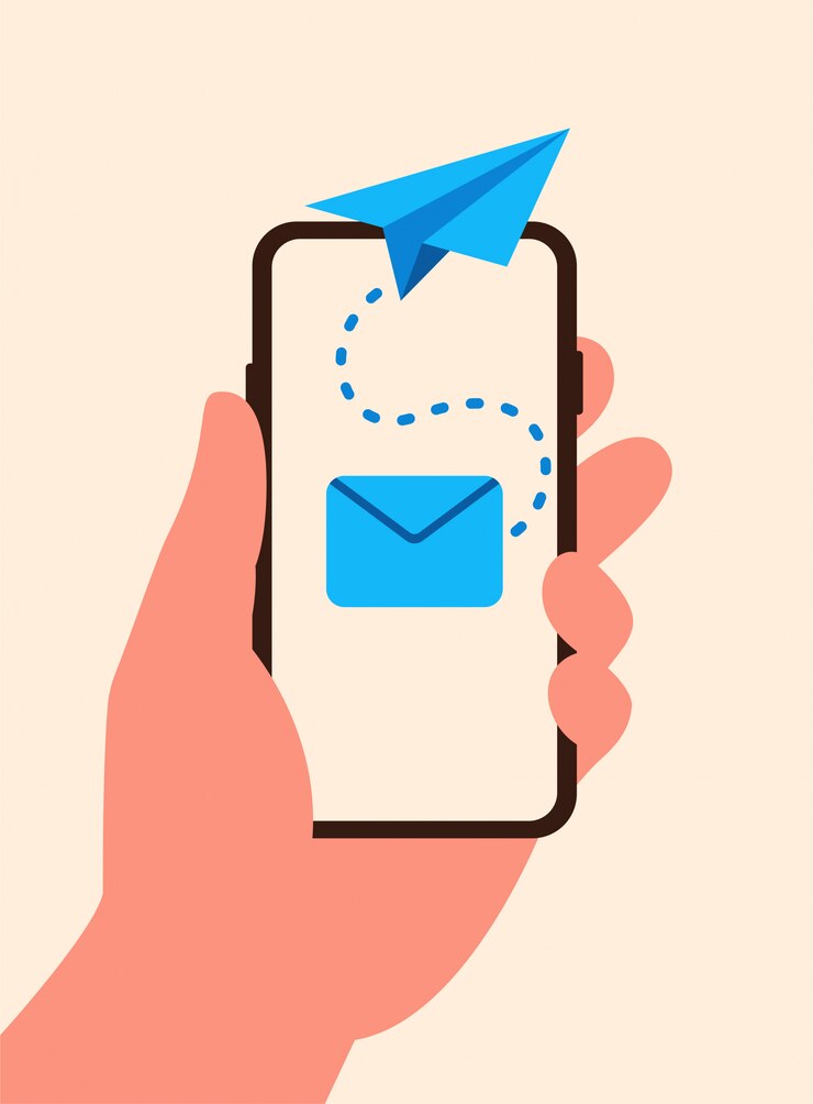 Smartphone in de hand met outbox e-mail en vliegende papieren vliegtuig vlakke stijl