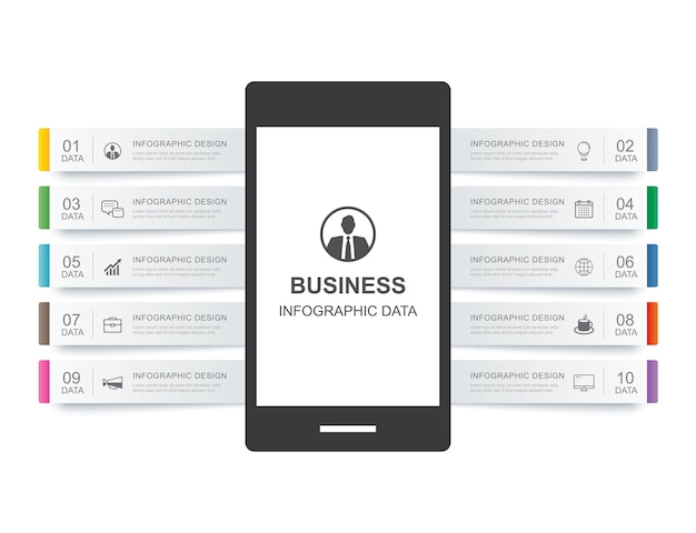 Смартфон инфографики шаблон с 10 данными для бизнеса.