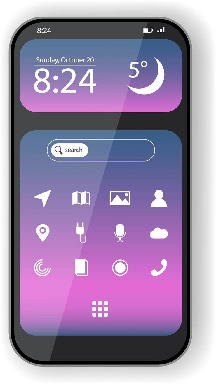 Vector smartphone interface display with weather time and app icons in modern gradient design