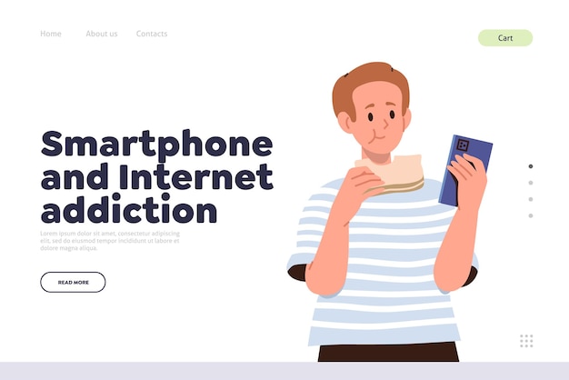 Smartphone and internet addiction concept for landing page with child using phone while eating