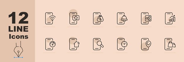 Настройка значка линии смартфона WiFi любимые контакты кошелек проверка скорости умный дом увеличительное стекло GPS тег Пастельный цвет фона Векторная линия значка для бизнеса